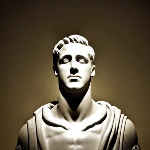 Prompt: ryan gosling as roman statue, dramatic light, reflective, clear face