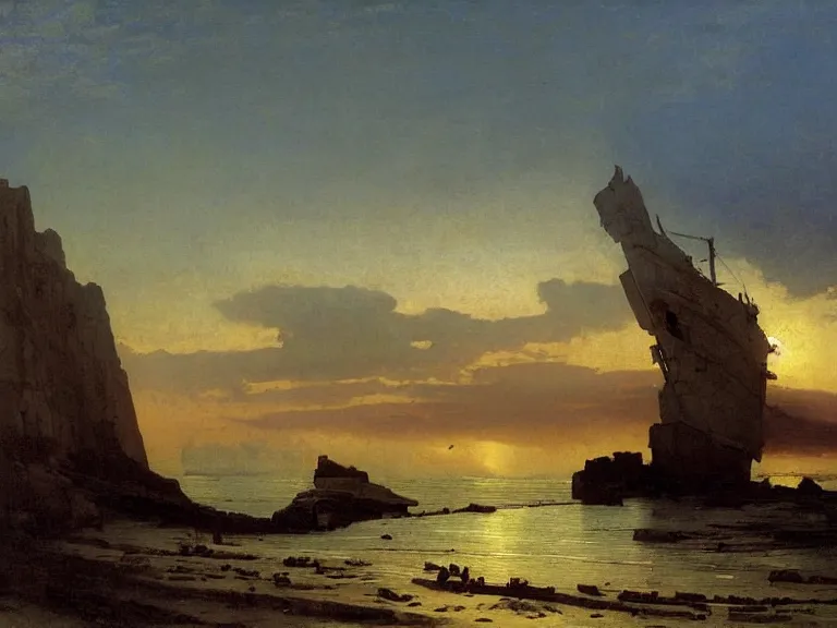 Image similar to an oil painting of a coastline at dawn, with an old shipwreck on a serene beach, beautiful sky by beksinski carl spitzweg and tuomas korpi. baroque elements, full-length view. baroque element. intricate artwork by caravaggio. Trending on artstation. 8k