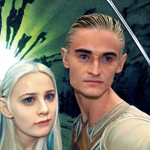 Prompt: legolas from lord of the rings taking a selfie with sauron from lors of the rings