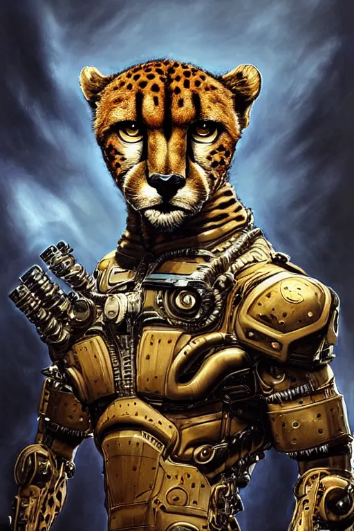 Image similar to a portrait of a muscular anthropomorphic cyberpunk cheetah in spacesuit armor with ensignia on chest plate by sandra chevrier, by jon foster, detailed render, post - processing, extremely hyperdetailed, intricate, epic composition, cybernetics, 4 k realistic, cryengine, realistic shaded lighting, sharp focus, masterpiece, by enki bilal