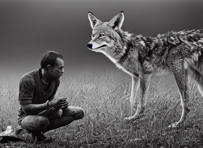 Image similar to Award winning Editorial photo of a Iroquois Native petting a wild coyote by Edward Sherriff Curtis and Lee Jeffries, 85mm ND 5, perfect lighting, gelatin silver process