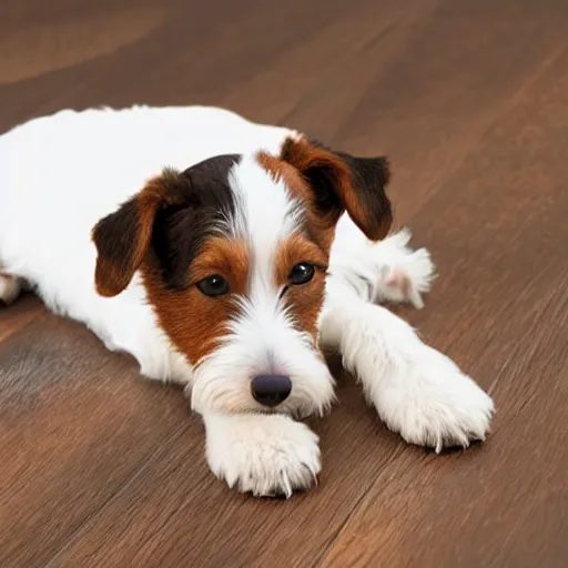 Prompt: iphone portrait picture of a foxterrier puppy, he is laying down in a hardwood floor kitchen, feet in the background