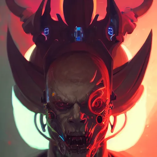 Image similar to a portrait of a cybernetic demonic king of hell, cyberpunk concept art by pete mohrbacher and guweiz and wlop and artgerm and josan gonzalez and syd mead, digital art, highly detailed, intricate, sci - fi, sharp focus, trending on artstation hq, deviantart, unreal engine 5, 4 k uhd image