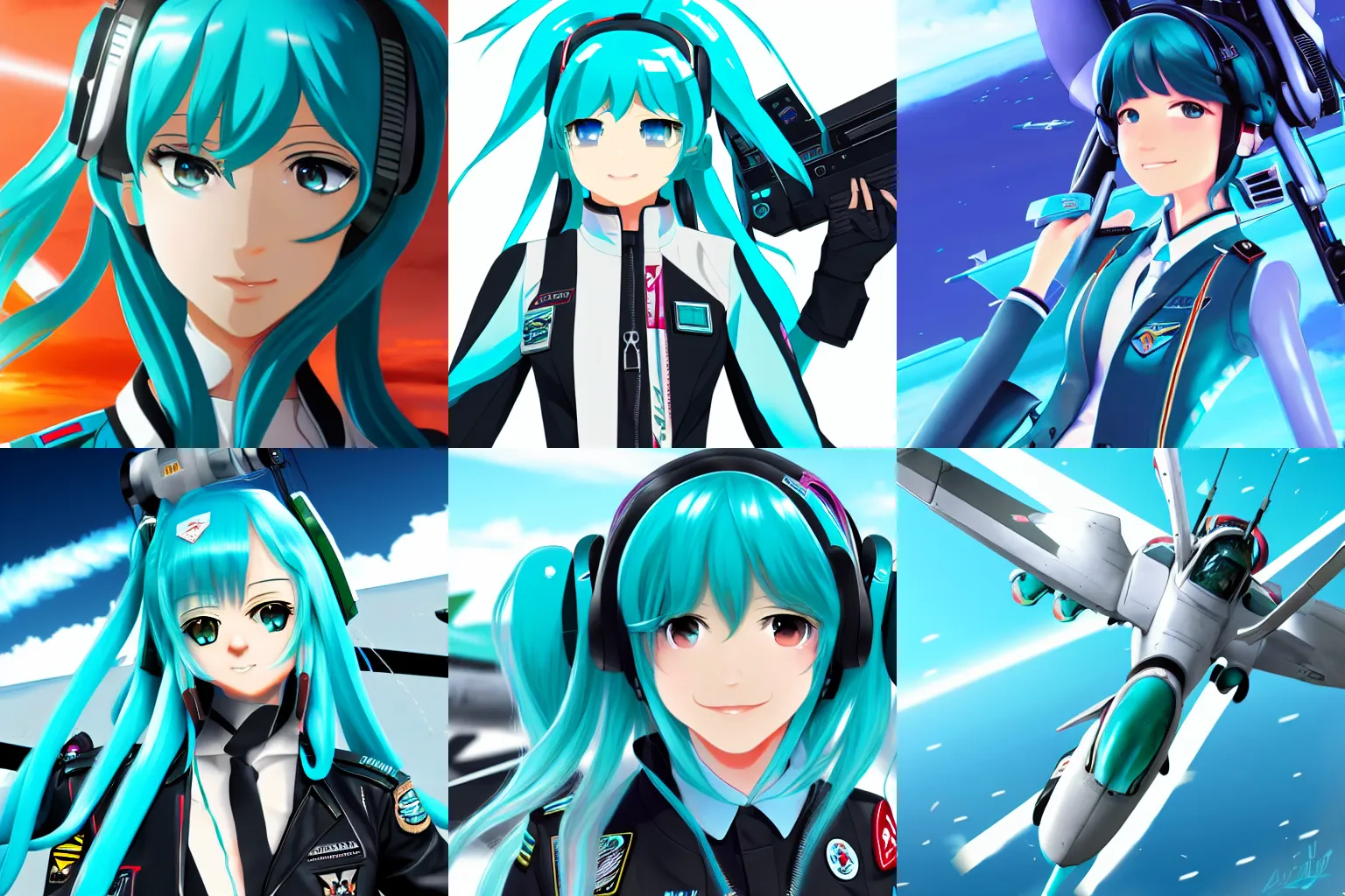 Prompt: Hatsune Miku as a top gun pilot, epic, 4k resolution, extremely detailed, very sharp, artstation, digital art, vibrant