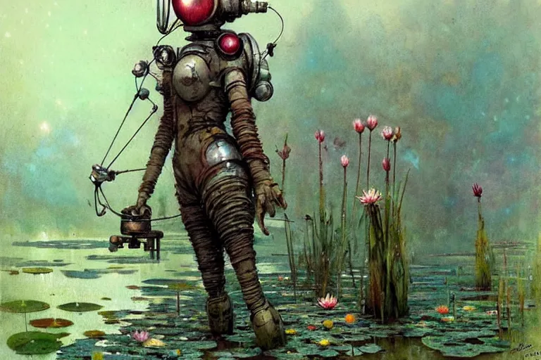 Image similar to adventurer ( ( ( ( ( 1 9 5 0 s retro future robot cyborg bolthole. muted colors. swamp, fairies, water lilies ) ) ) ) ) by jean baptiste monge!!!!!!!!!!!!!!!!!!!!!!!!! chrome red