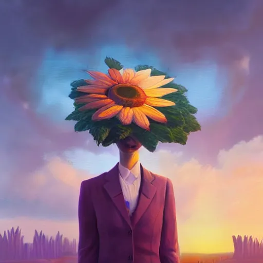 Image similar to giant daisy flowers head, frontal, girl in a suit, surreal photography, sunrise, dramatic light, impressionist painting, digital painting, artstation, simon stalenhag