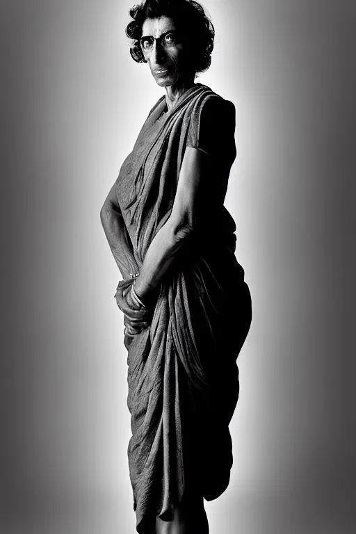 Image similar to 5 mm f 8 full body portrait photography of a person that looks like a mix of claudia black + mahatma gandhi, future apocalypse setting, by yousuf karsh