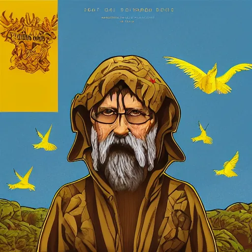 Prompt: an old man with 7 yellow birds as a rock album cover art, medieval fantasy game