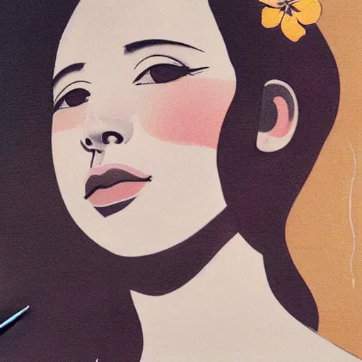 Prompt: “ lana del rey portrait by ikenaga yasunari and ayana otake and ko rakusui, 6 0 s poster, drawing, realistic, sharp focus, japanese, dreamy, nostalgia, faded, golden hues, floral clothes ”