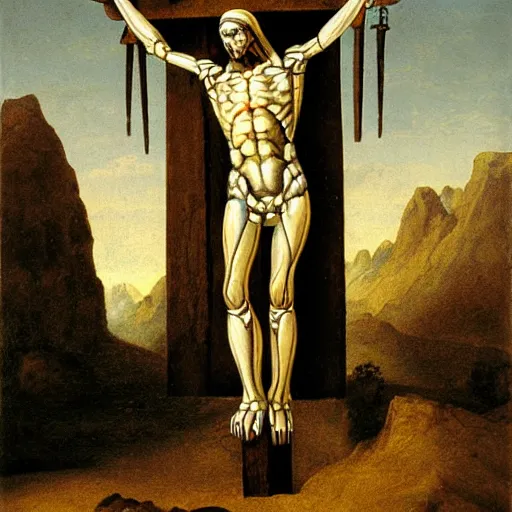 Image similar to robot crucified by matthias grunewald