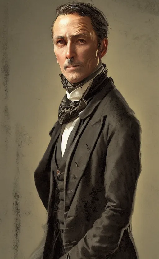 Prompt: portrait of a middle aged victorian gentleman, suit and waistcoat, male, detailed face, victorian, highly detailed, cinematic lighting, digital art painting by greg rutkowski