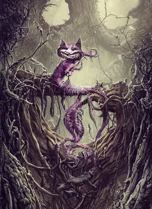 Image similar to Cheshire Cat choping wood,Death Tarot card,highly detailed,half skull face,cinematic,8k,by Stanley Artgermm,Tom Bagshaw,Greg Rutkowski,Carne Griffiths, Ayami Kojima, Beksinski, Giger,trending on DeviantArt,hyper detailed,horror, full of colour