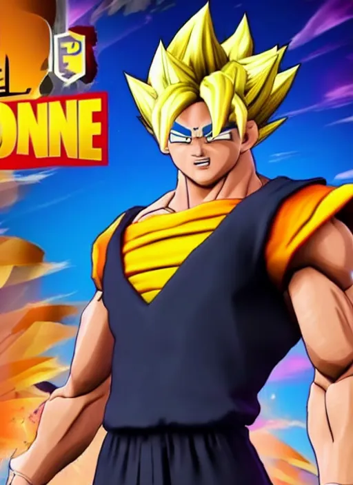 Prompt: game still of super sayan goku as a fortnite skin in fortnite.