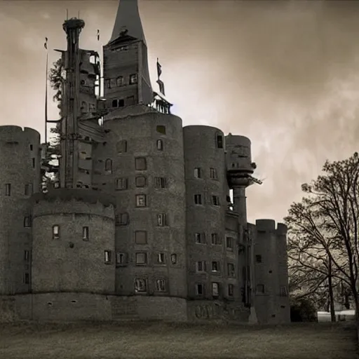 Prompt: photo of a dieselpunk castle