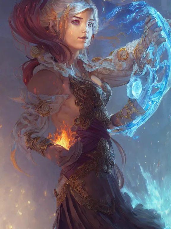 Image similar to summoner with a fire and water elemental, fantasy, world of warcraft, intricate, elegant, highly detailed, digital painting, artstation, concept art, wallpaper, smooth, sharp focus, illustration, art by artgerm and greg rutkowski and alphonse mucha