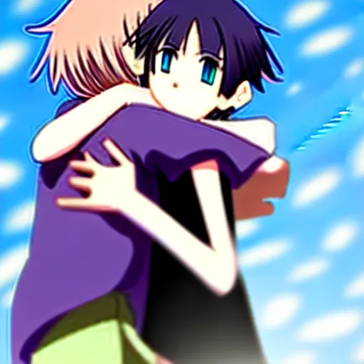 Prompt: teenager girl hugs boy 1 4 yo 1 5 yo innocent love pixiv fanbox by makoto shinkai