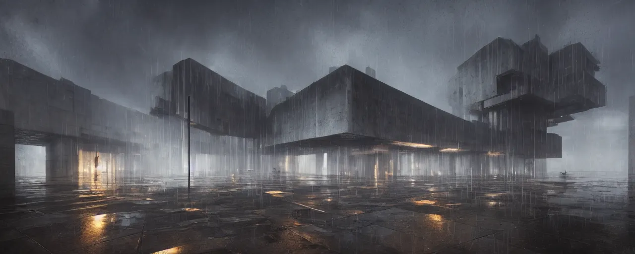 Image similar to brutalist architecture, metal, concrete, mist, rain, night, dramatic lighting, lightning bolt, trending on Artstation, 8k, highly realistic, hyper detailed, unreal engine 5, IMAX quality, realistic, cinematic, epic lighting, realistic, in the style of Greg Rutkowski