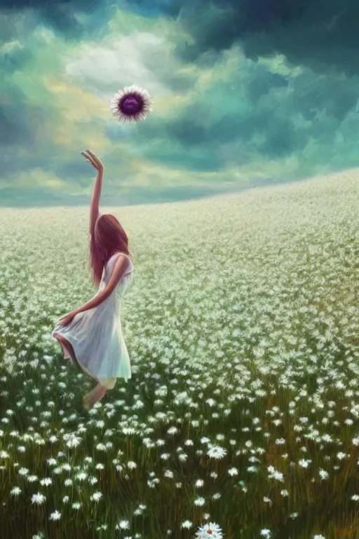 Image similar to veil of giant white daisy flower as head, girl dancing in a flower field, surreal photography, sunrise, dramatic light, impressionist painting, colorful clouds, digital painting, artstation, simon stalenhag