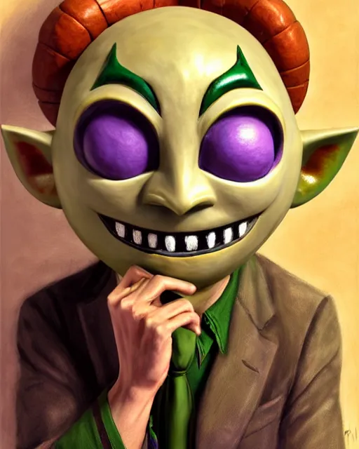 Prompt: character concept art of the happy mask salesman from the legend of zelda : majora's mask | | handsome - fine - face, pretty face, realistic shaded perfect face, fine details by stanley artgerm lau, wlop, rossdraws, james jean, andrei riabovitchev, marc simonetti, and sakimichan, tranding on artstation