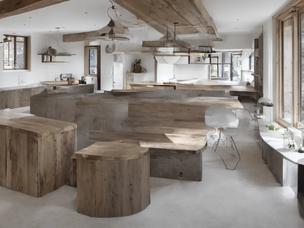 Prompt: luxury bespoke kitchen design, modern rustic, Japanese and Scandanvian influences, understated aesthetic, innovative materials and textrue, by Roundhouse Design