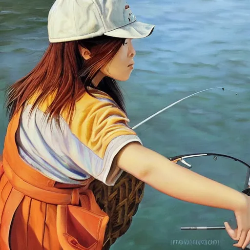 Image similar to oil painting by ilya kuvshinov, ross draws, artgerm, akira toriyama, eiichiro oda, of a youthful japanese girl, long hair, fishing and wearing fisherman's outfit, fisherman's hat, highly detailed, breathtaking face, studio photography, noon, intense bounced light, water reflection, large tree casting shadow, serine intense sunlight