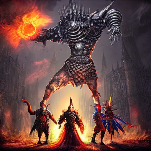 Prompt: Original video game bosses in a group photo in the style of Dark Souls, realistic, rendered