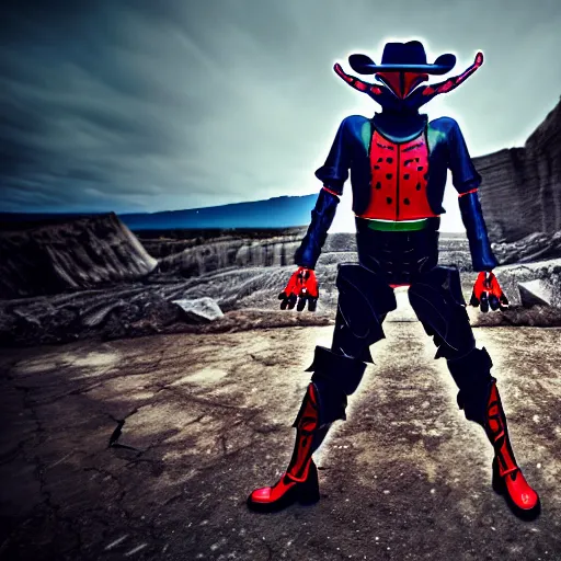 Image similar to breakdancing Kamen Rider snake oil salesman b-boy cowboy standing in a rock quarry, single character full body, 4k, glowing eyes, rock quarry location, daytime, rubber suit, pvc armor, dark blue with red secondary color segmented armor, biomechanical, techno organic armor, ultra realistic, moody colors, ultra realistic, Beautiful Cinematography