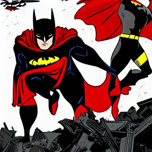 Prompt: Dark black Batman, Light Red Blue Superman, Fighting destroyed city