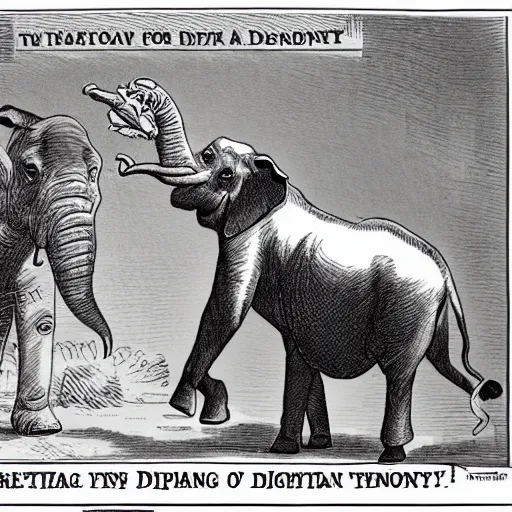 Image similar to a political cartoon of an elephant aggressively berating a donkey.