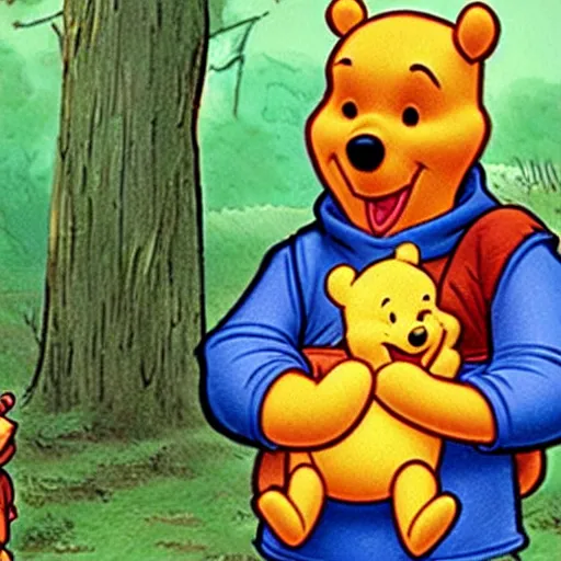 Prompt: Winnie the Pooh embracing Gordon Freeman