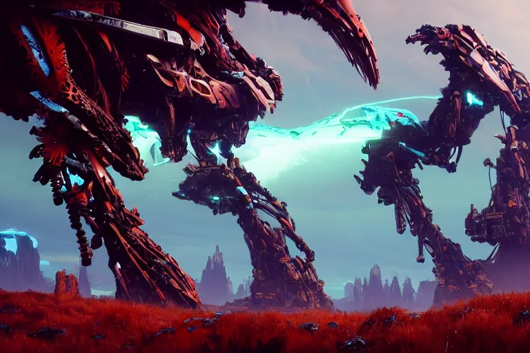 Image similar to wide epic shot. a hyper detailed fanghorn evangelion realistic mechanical and organic creature similar look as horizon forbidden west horizon zero dawn, bioluminiscence in a dark deep forest at dawn in spring, with reflection and textures, by kilian eng, substance painter reaslitic mech surface metal painted scratches, world env from horizon forbidden west horizon zero dawn