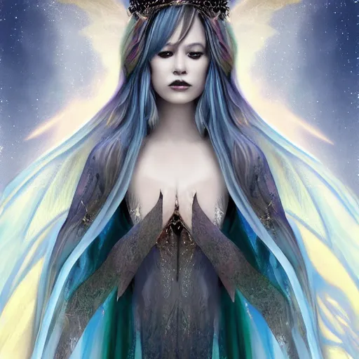 Prompt: detailed portrait of a dark fairy queen with wings holding a silk cloth wearing a robe, crown, pixie, iris, realism, emerald, galaxy, sapphire,blonde hair going down to the floor,leaves, moonlit, dark fantasy, dramatic lighting, cgsociety, artstation