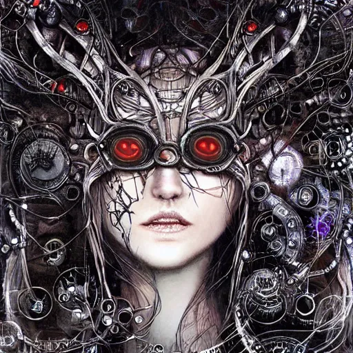 Prompt: blinded cybernetic demon dreaming, lsd, circuitry, intricate detail, royo,