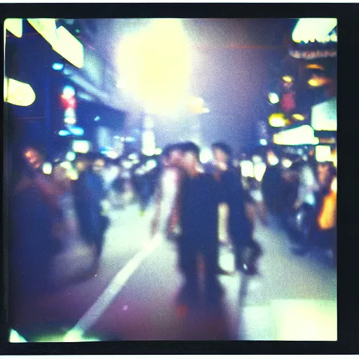 Prompt: analog polaroid photograph of tokyo nightlife by araki, lensflare, color burn, heavy filmgrain