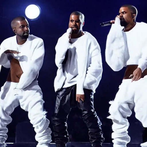 Prompt: kanye west performing live with 3 clones of himself on stage