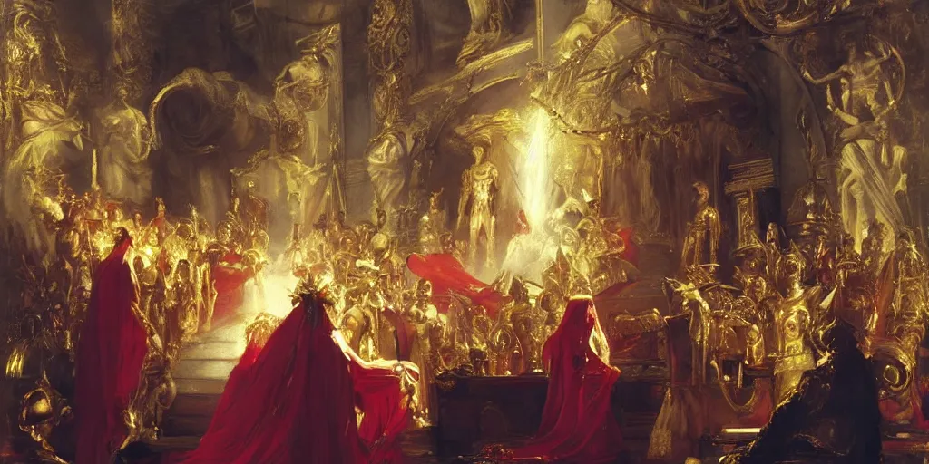 Prompt: beautiful oil painting, alien in royal crimson robes enthroned as the alien god emperor of ancient civilization surrounded by servants in gilded halls a golden wreath upon his head, by anders zorn, wonderful masterpiece by greg rutkowski, beautiful cinematic light, american romanticism, by thomas lawrence, greg rutkowski