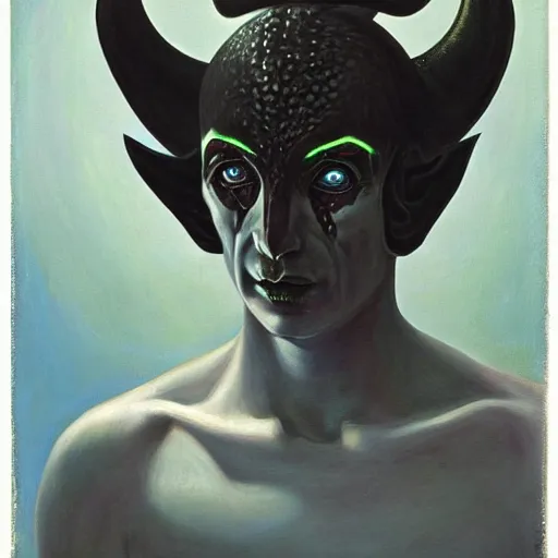 Image similar to portrait of a humanoid with horns, cyan skin and completely black eyes, by gerald brom