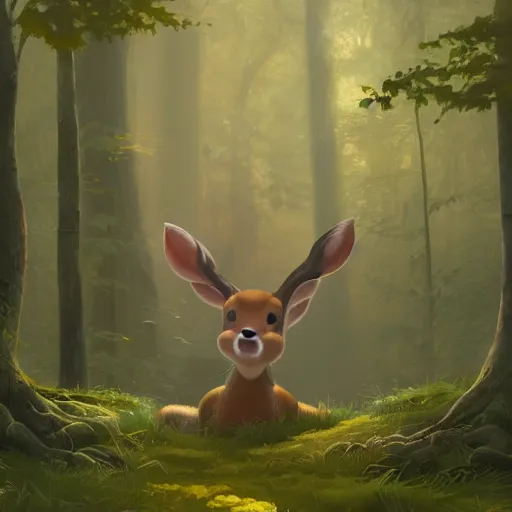 Image similar to concept art painting of an anthropomorphic humanoid elderly chubby doe deer wearing yellow robes, in the deep forest, realistic, detailed, cel shaded, in the style of makoto shinkai and greg rutkowski and james gurney