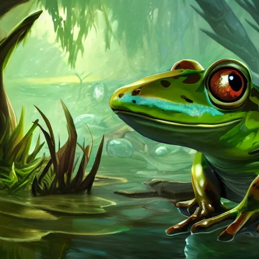 Image similar to beatiful art league of legends splash art of a frog in a swamp