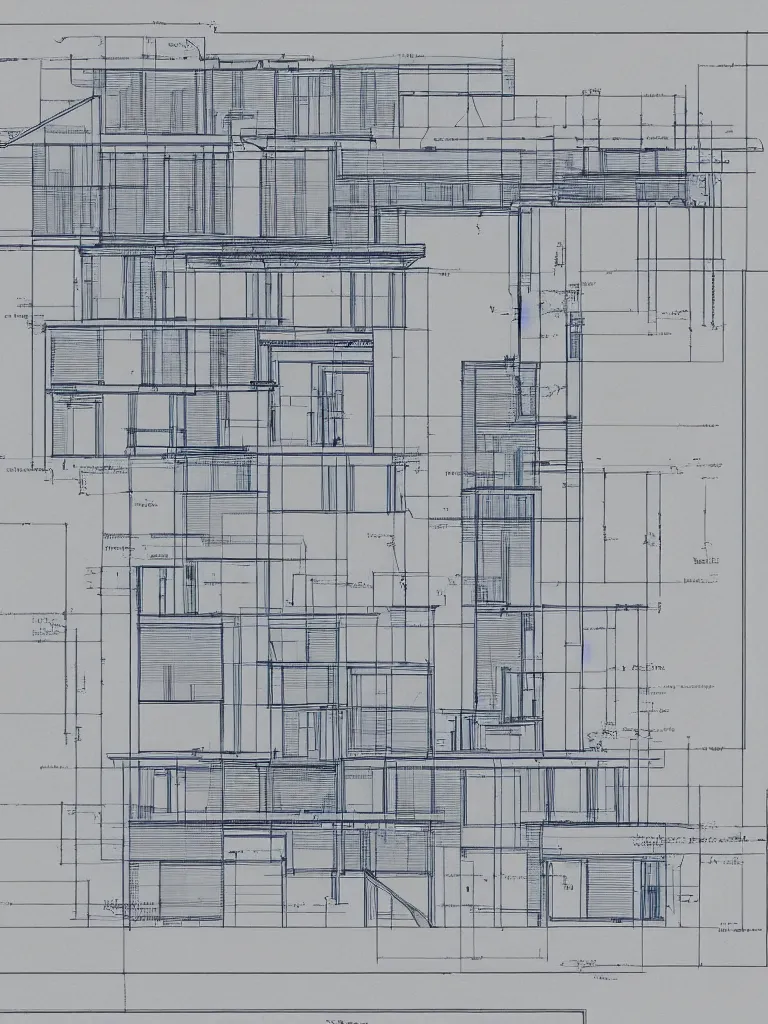 Image similar to Architecture blueprint copy, an impossible building. Vertical cut. Technical drawing