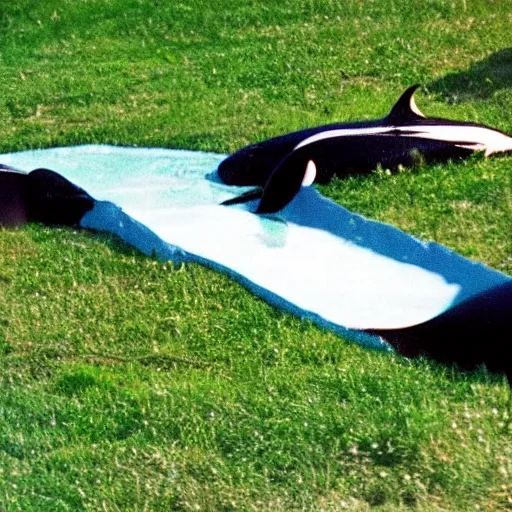 Prompt: orcas playing on a slip and slide in the suburbs, 35mm photo from 1996