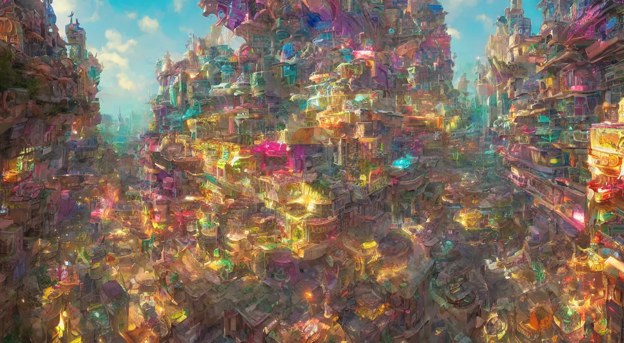 Image similar to bazaar zouk place aladin block greeble multicolorful sky shine mattepainting, street art, trending on artstation, by huang guangjian and gil elvgren and sachin teng