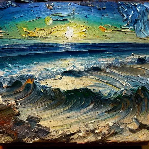 Image similar to oil paint impasto relief, beautiful night italian beach scene, rough sea, multi layered thick brush marks, some splattered paint, in the style of ivan shishkin and frank auerbach and van gogh