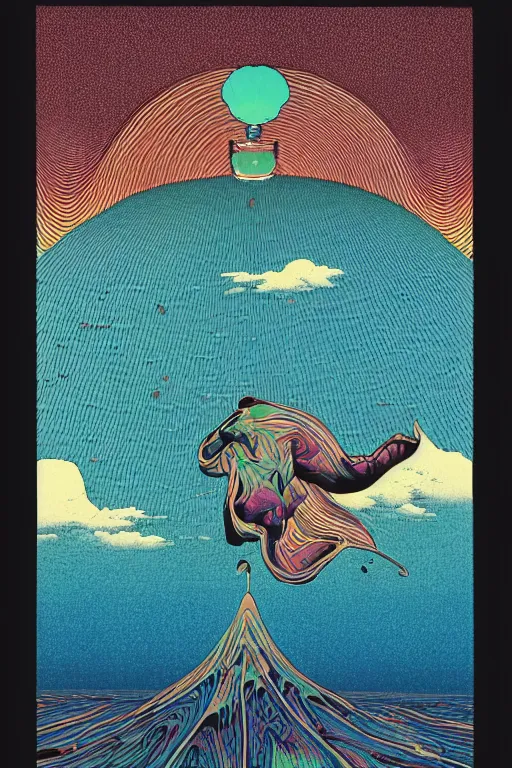 Prompt: a paper blotter tab of LSD acid on a tongue melting into a surreal psychedelic hallucination, screenprint by kawase hasui, moebius and dan hillier, colorful flat surreal design, hd, 8k, artstation