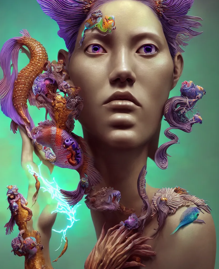 Image similar to goddess full color painted acryllic sculpture close-up portrait. orchid bird phoenix head, nautilus, skull, betta fish, bioluminiscent creatures, intricate artwork by Tooth Wu and wlop and beeple. octane render, trending on artstation, greg rutkowski very coherent symmetrical artwork. cinematic, hyper realism, high detail, octane render, 8k