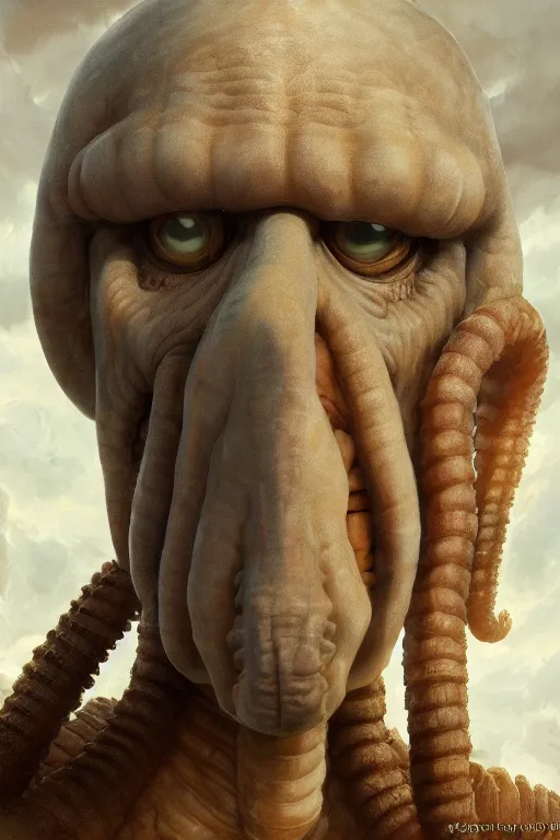 Prompt: Squidward as a Titan from Attack on Titan, oil on canvas, intricate, portrait, 8k highly professionally detailed, HDR, CGsociety