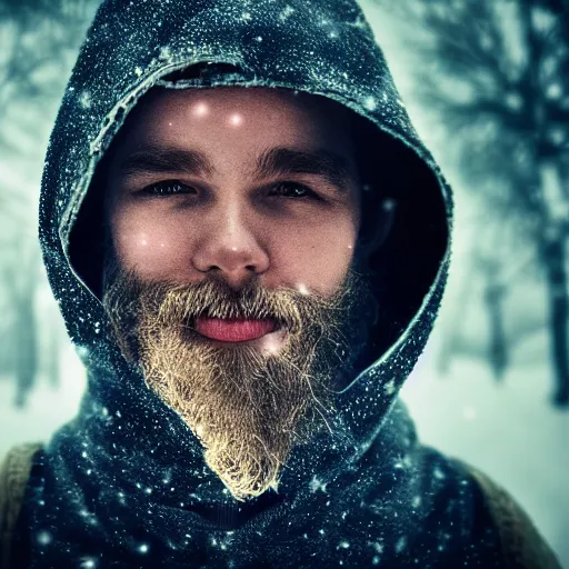 Image similar to portrait of a mysterious wizard with a Hood, bright eyes, fantasy, photorealistic, bokeh, magic lights, cinematic