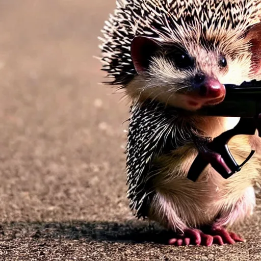 Prompt: a hedgehog holding a shotgun 4k