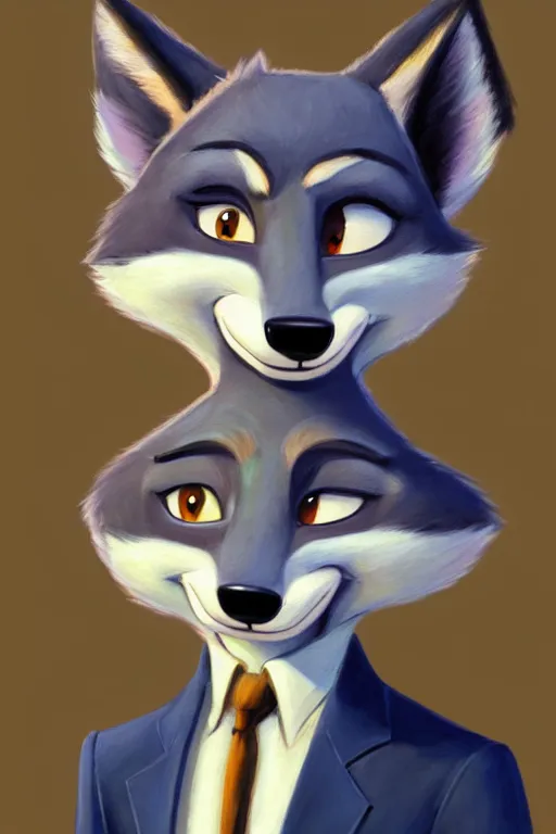 Image similar to oil painting of anthromorphic female wolf, in style of zootopia, female fursona, furry, furaffinity, 4 k, deviantart, furry art, fursona art, wearing black business suit, business suit, wolf fursona, female, smug expression,