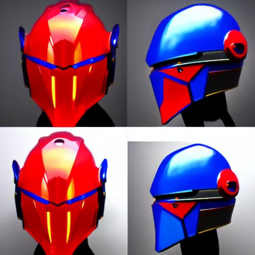 Image similar to High Fantasy Kamen Rider Helmet, red and blue color scheme, 4k, glowing eyes, daytime, rubber suit, dragon inspired pvc armor